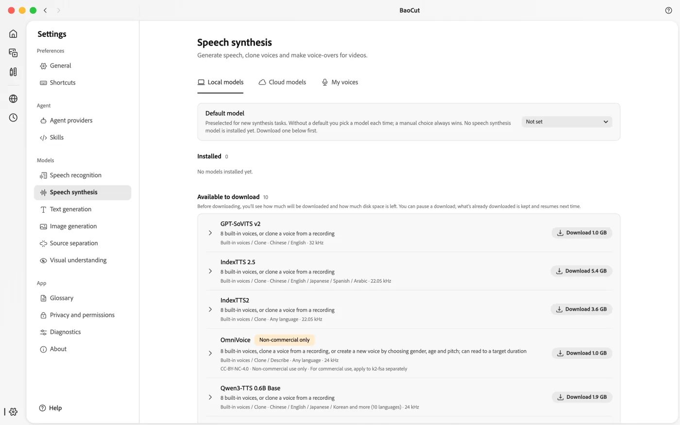BaoCut model settings with local models and online providers